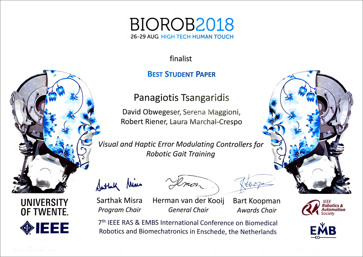 Picture shows the award certificate for Panagiotis Tsangaridis for the best student paper at Biorob 2018