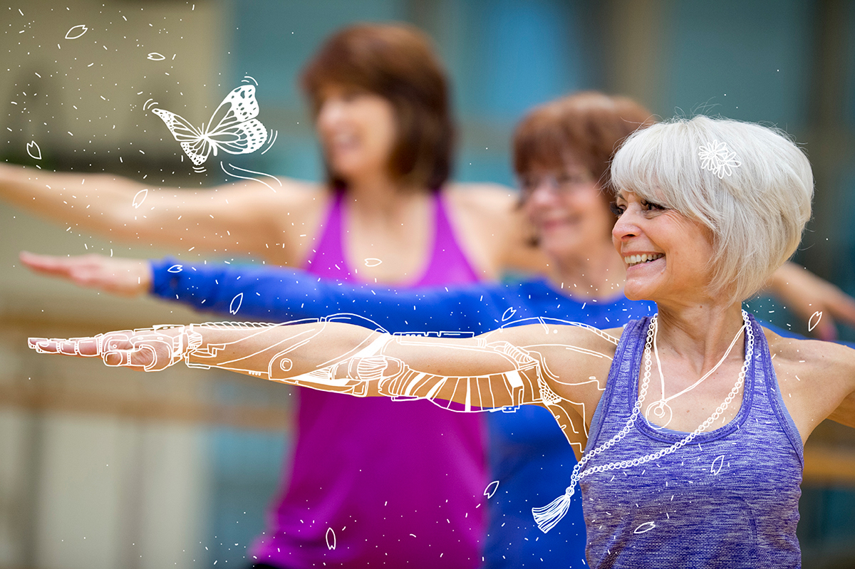 A group of senior adult women are taking a yoga class together at the gym