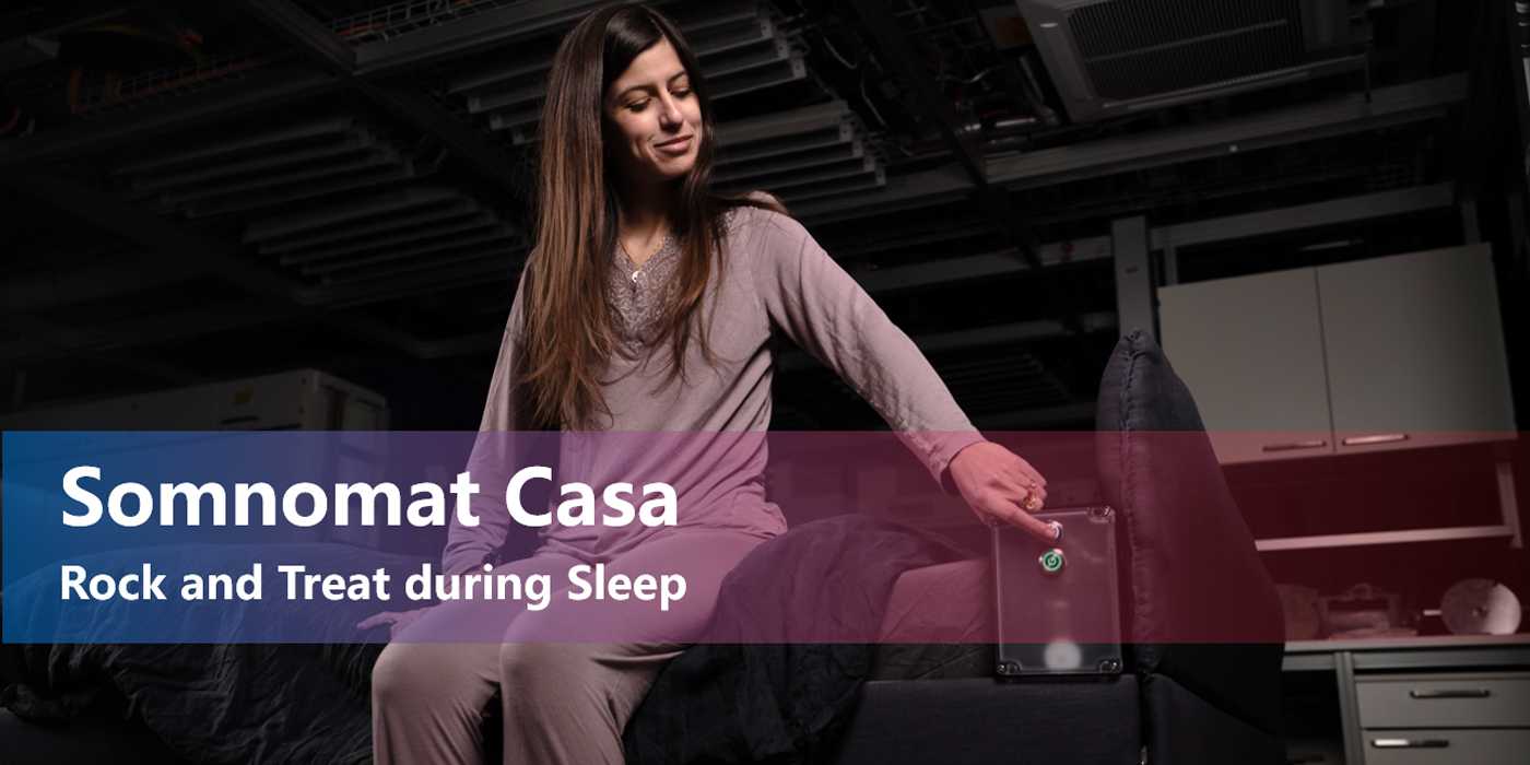 Woman operating a robotic rocking bed Text: Somnomat Casa, Rock and Treat during Sleep 