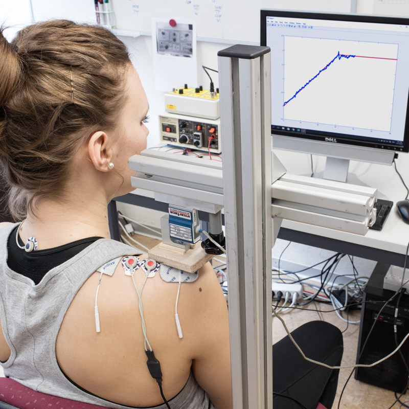 Enlarged view: During computer work muscle activity is measured by advanced electromyography methods.