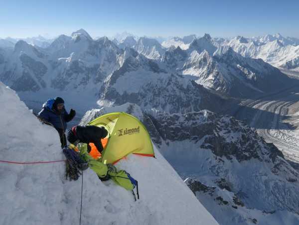 Enlarged view: Climbers bivouac in steep wall